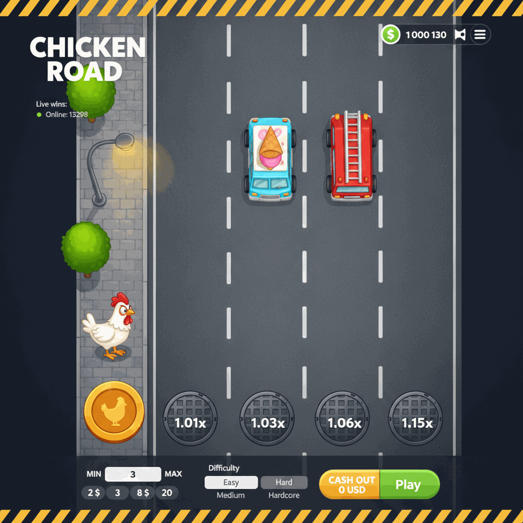 Chicken Road crash game interface showing a cartoon chicken crossing a multi-lane highway with multiplier indicators on manhole covers, cars moving across lanes, and a game control panel displaying bet amount and cash out options